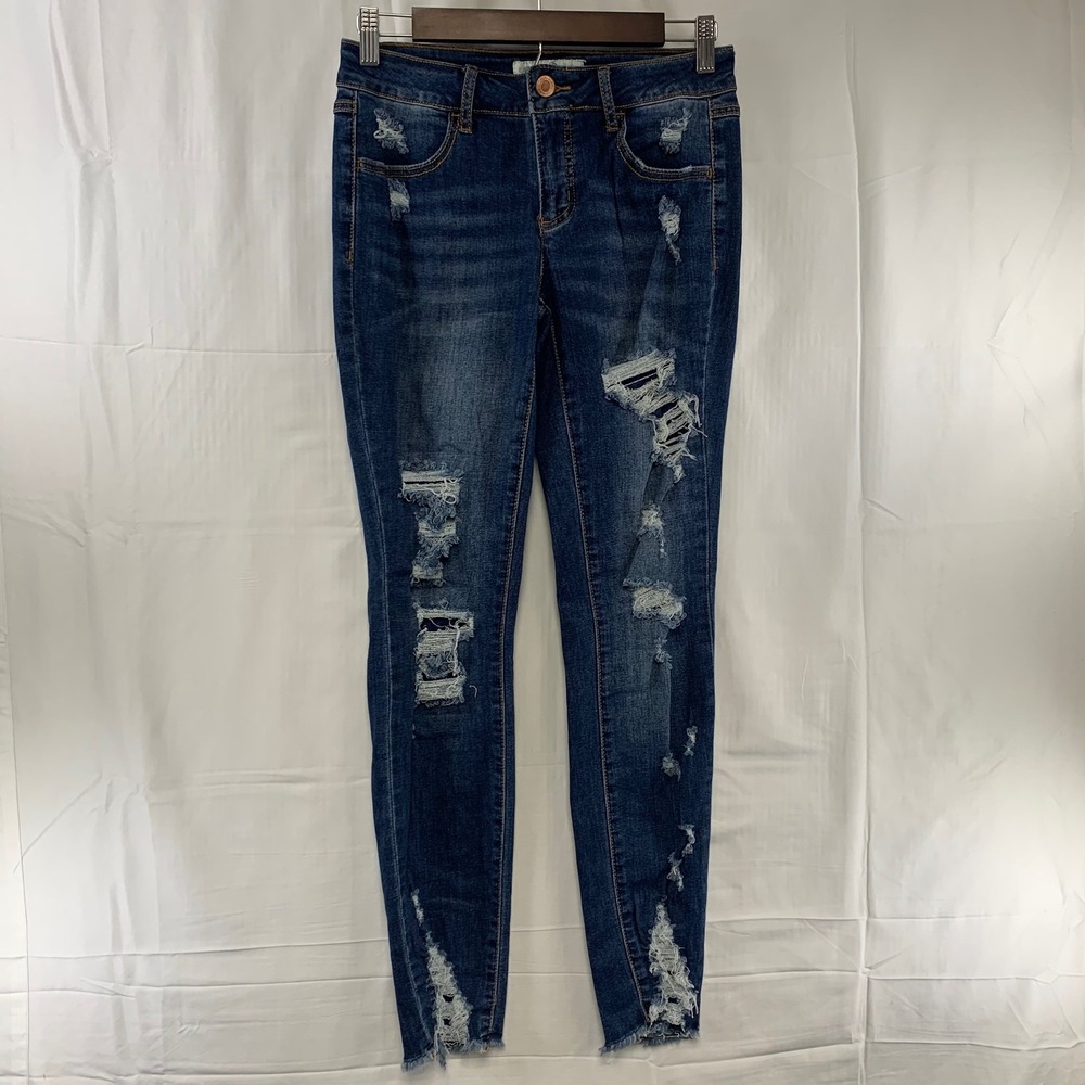 EST 1946 Denim Skinny Jeans Womens 2 Blue Distressed Shredded Raw Hem Mid Rise